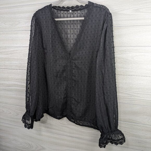 V Neck Elegant Swiss Dot Lace Splicing Plus Size Blouse - Picture 3 of 7